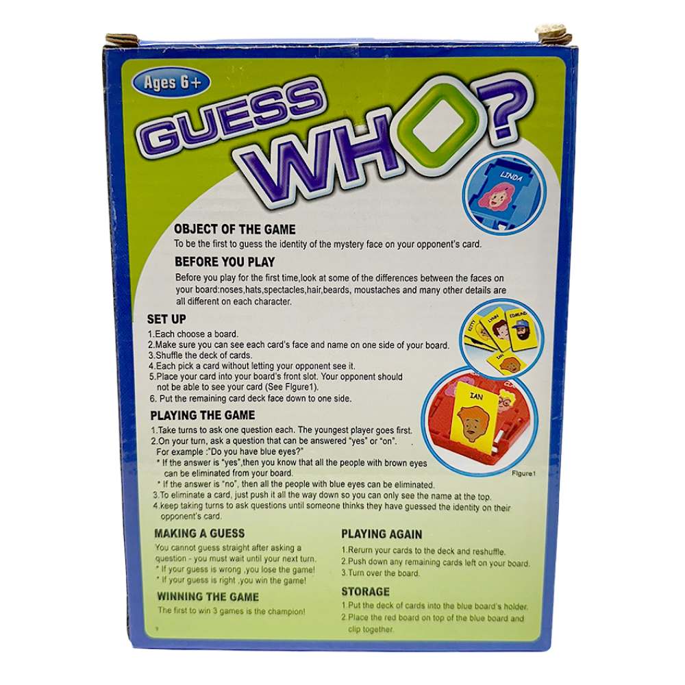 Back of the Guess Who? box showing game instructions, setup steps, and colorful game card illustrations.
