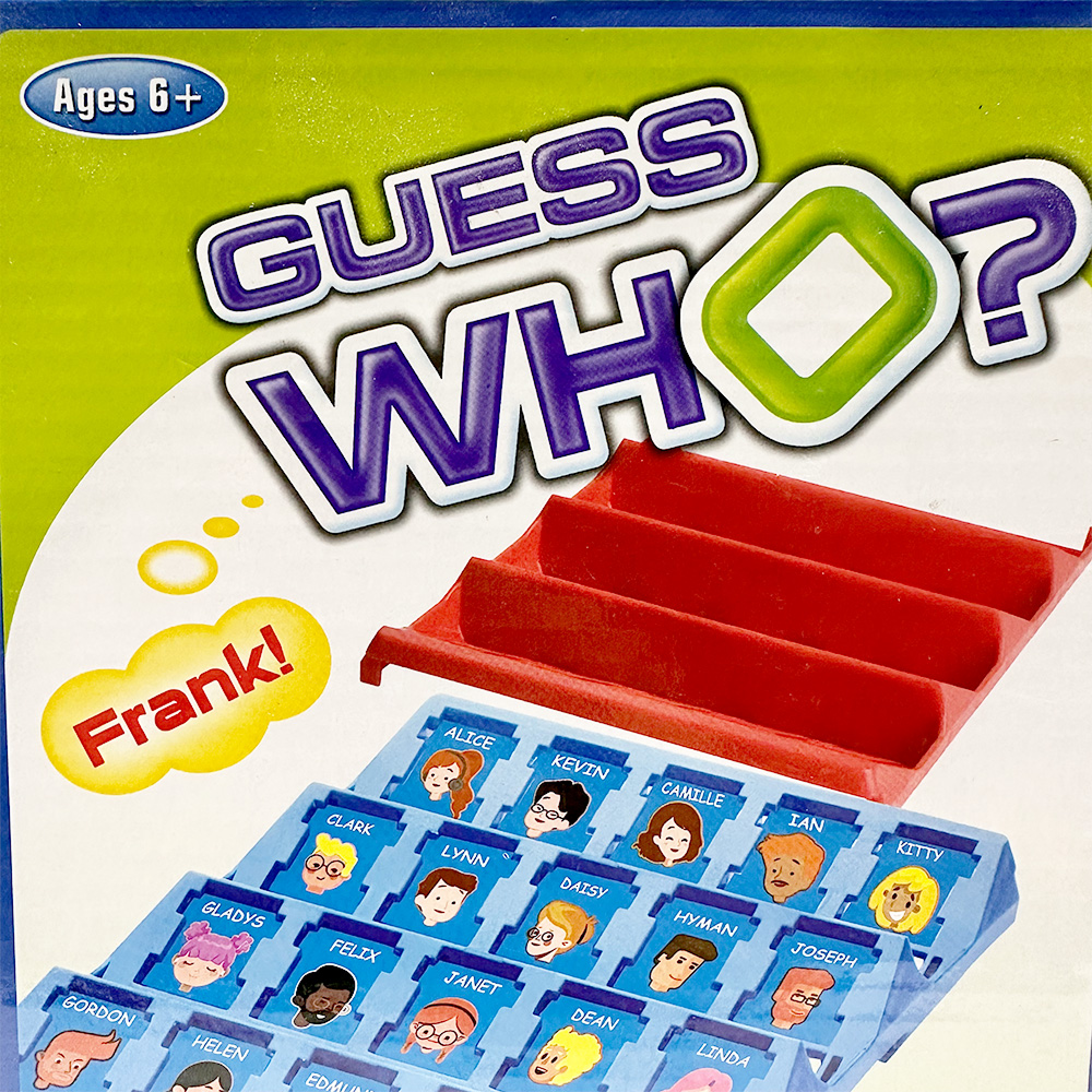 Guess Who? board game box featuring blue and red character boards with illustrated faces.