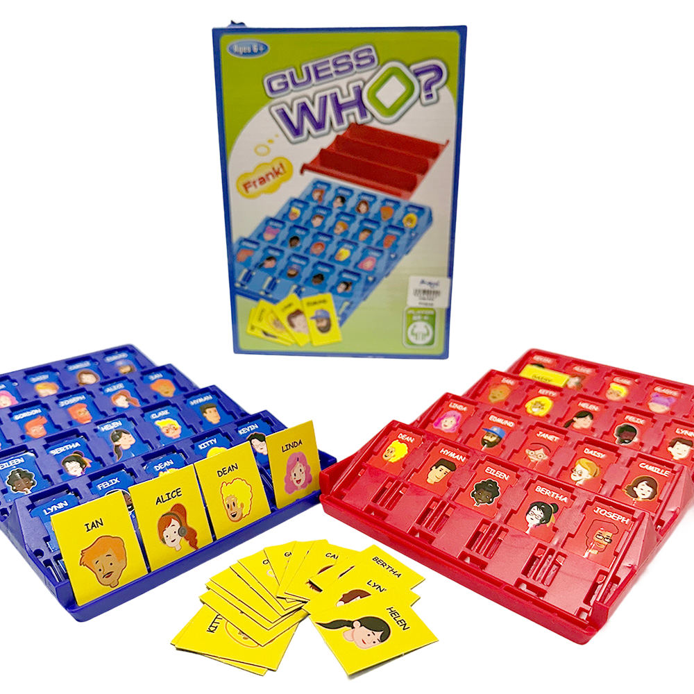 Guess Who? board game set with blue and red boards, character cards, and the product box in the background.