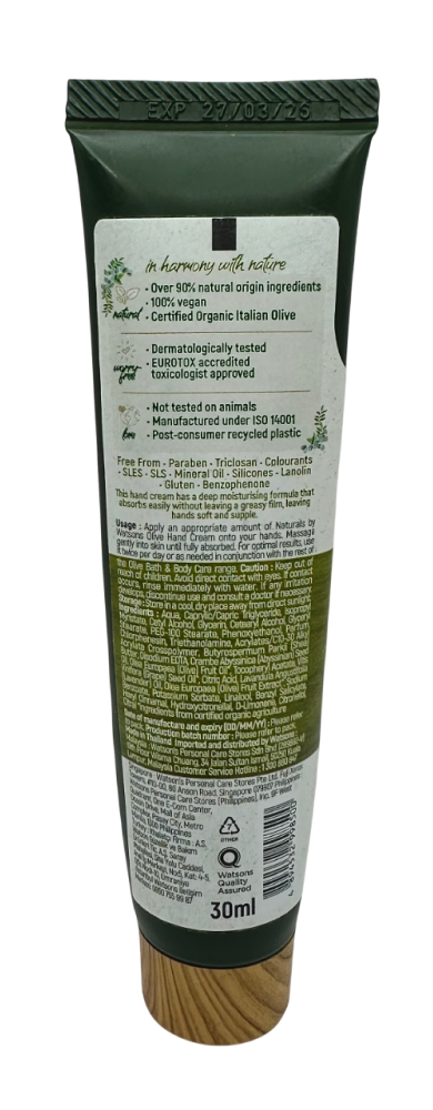 Back view of 6 Naturals Olive Hand Cream tube, showing ingredient list and product details, 30ml size.