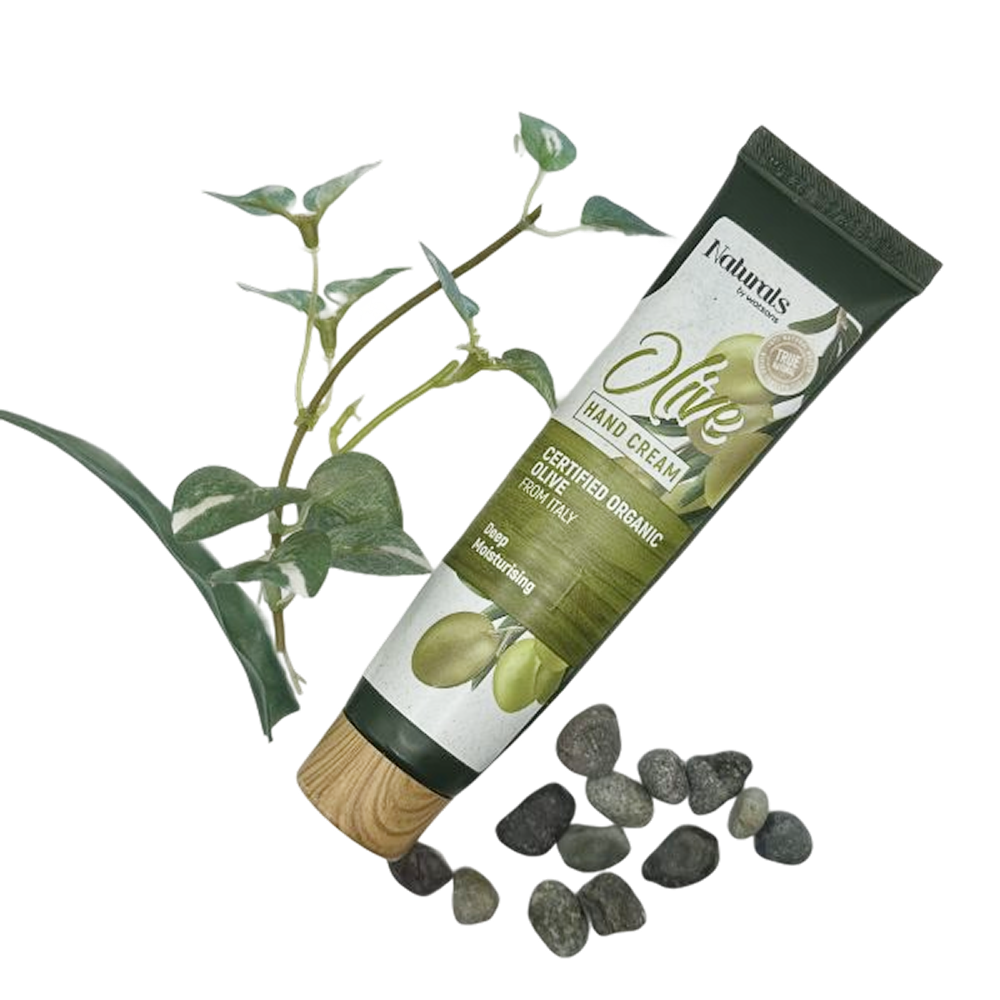 Tube of 6 Naturals Olive Hand Cream with olive branch and small stones on a white background.