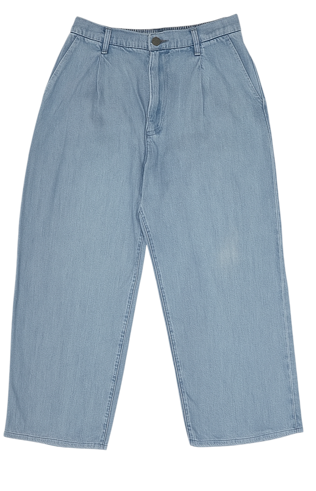 Light blue baggy women's jeans from Uniqlo, shown flat with a high waist and wide legs.