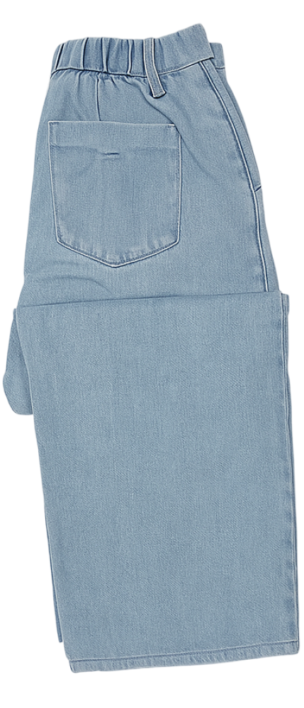 Light blue Uniqlo women’s baggy pants with elastic waistband and back pocket, laid flat.