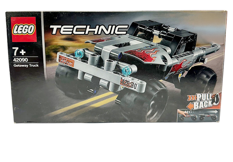 LEGO Technic 42090 Getaway Truck box showing the completed model with flame decals and pull-back feature.