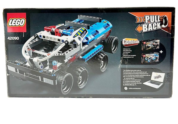 LEGO Technic 42090 box showing the pull-back stunt truck and customization options on the product page.