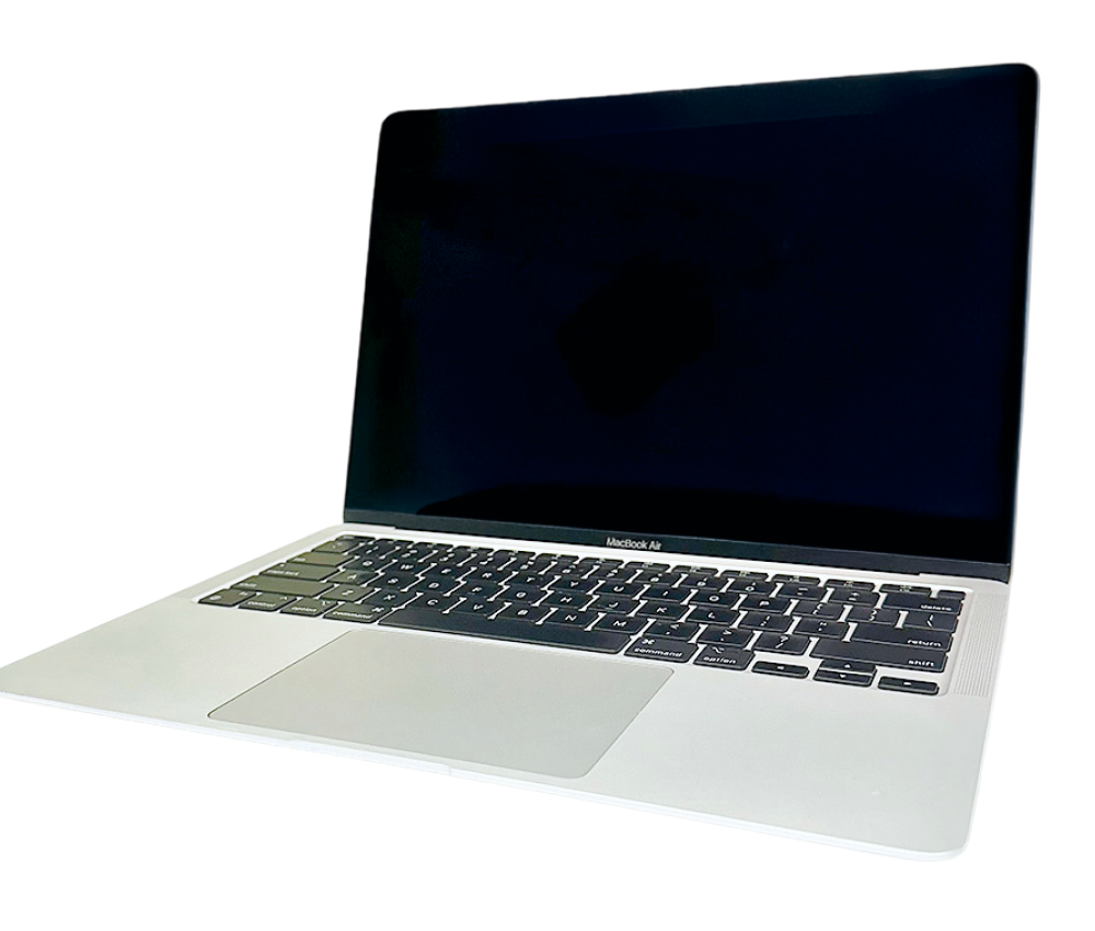 Silver MacBook Air laptop open at an angle, showing the keyboard and black screen on a white background.