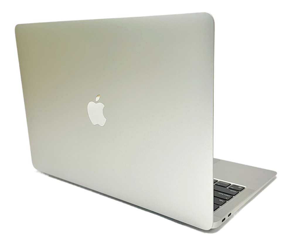 MacBook Air in silver, partially open, showing the Apple logo on the lid and part of the keyboard.