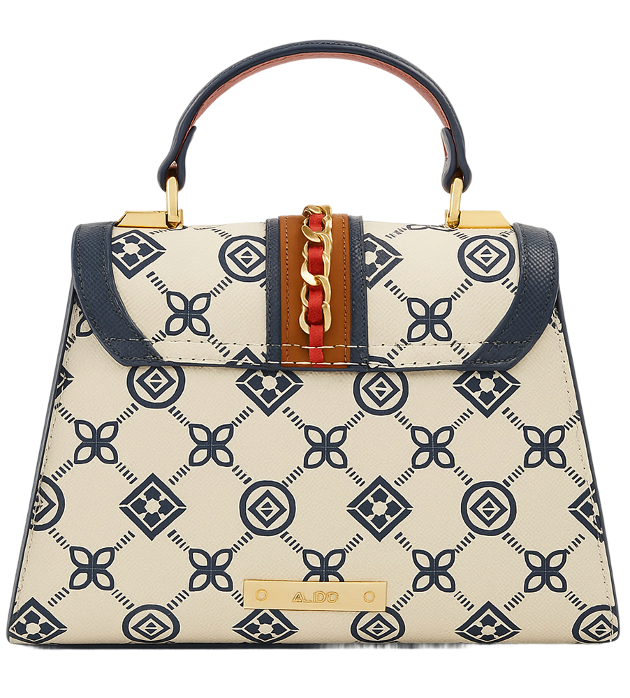 Aldo Donelly handbag with blue geometric pattern, gold hardware, and red accent on the handle.