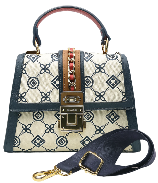 Aldo Donelly patterned handbag with gold lock detail and detachable navy strap.