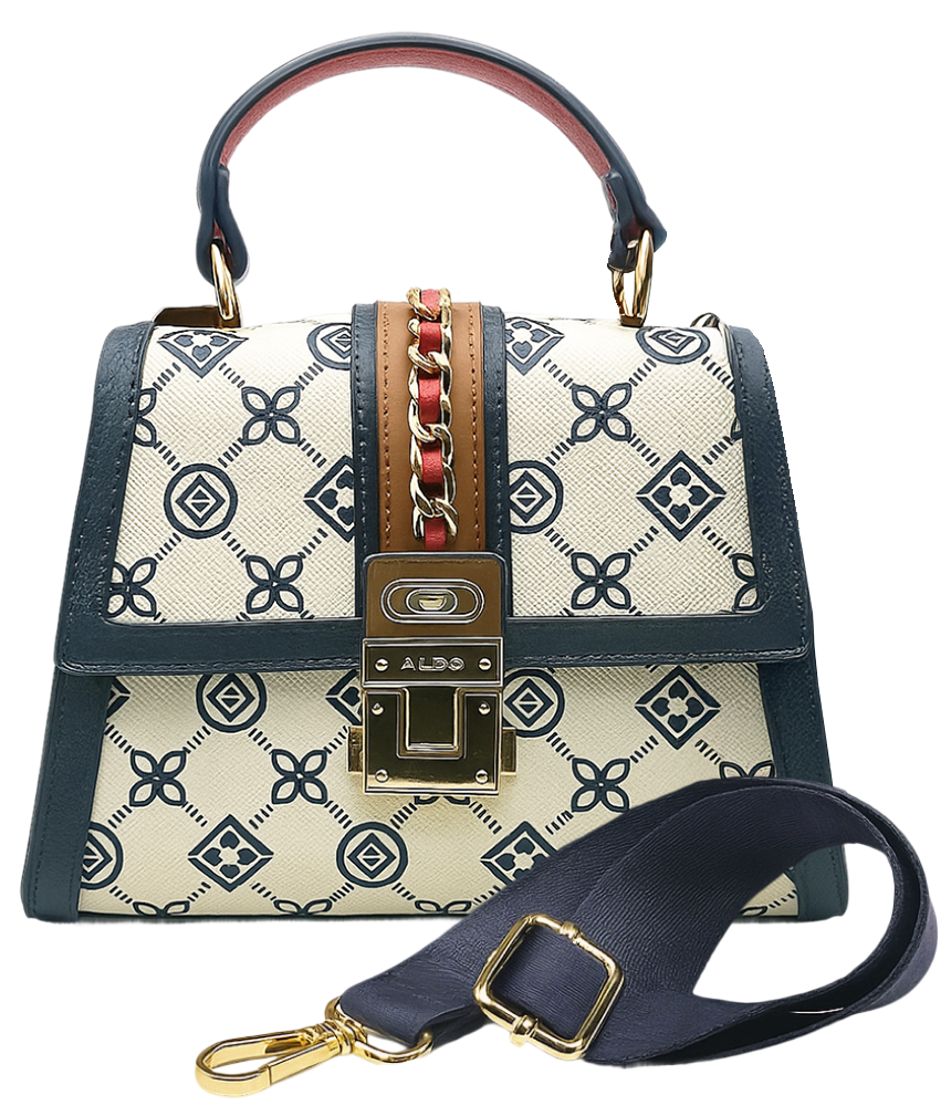 Aldo Donelly patterned handbag with gold lock detail and detachable navy strap.