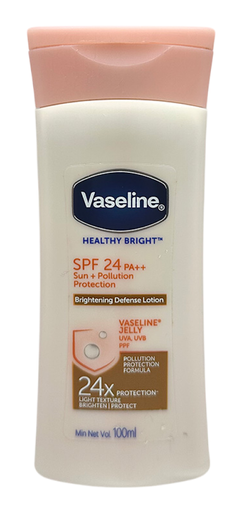 Vaseline Healthy Bright SPF24 PA+++ Lotion bottle, 100ml, sun and pollution protection formula.