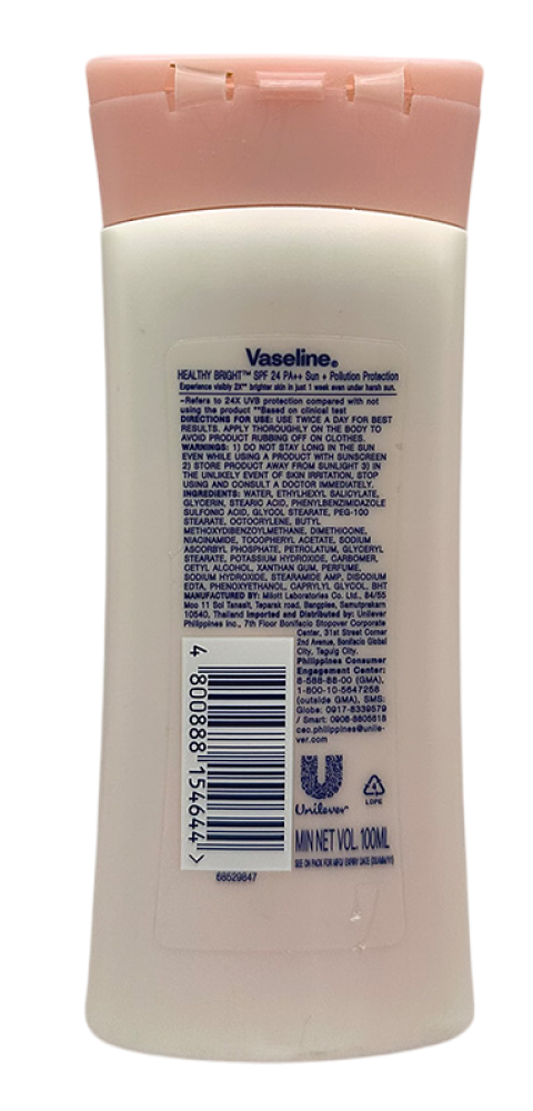 Back view of Vaseline Healthy Bright SPF24 Lotion bottle showing product details and barcode.