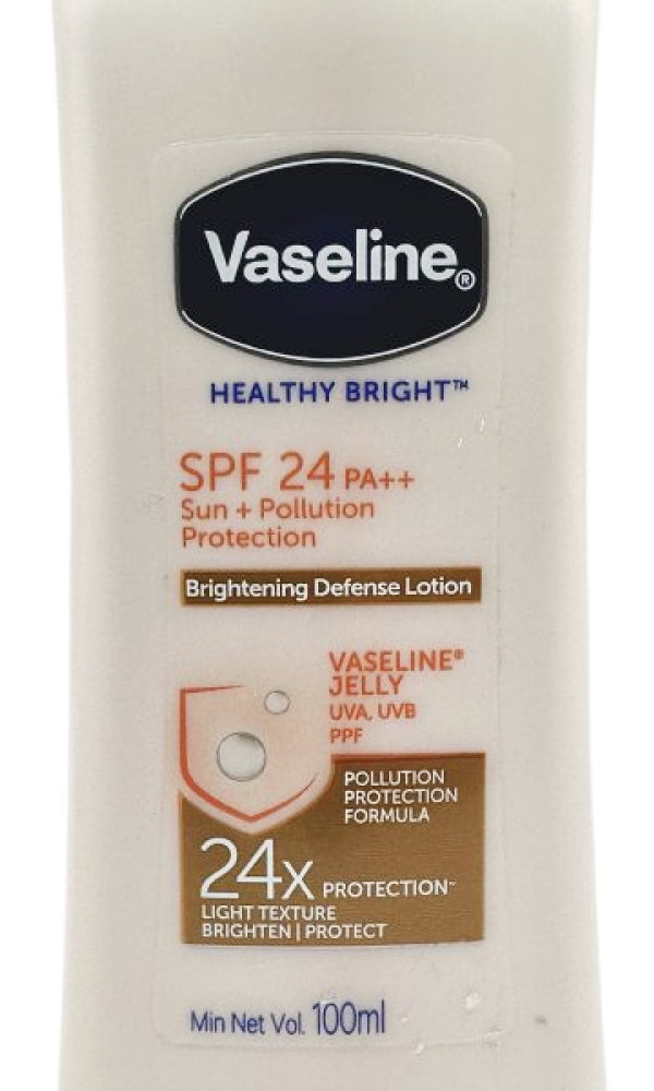 Front view of Vaseline Healthy Bright SPF24 lotion bottle, 100ml, showing sun and pollution protection details.