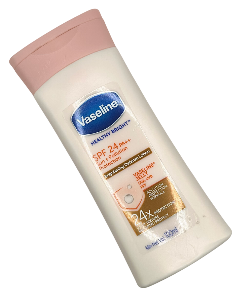 Vaseline Healthy Bright SPF24 PA++ Lotion bottle with pink cap, shown on white background for product display.