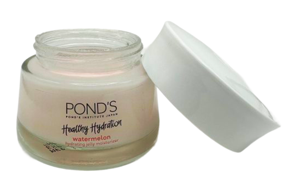 Open jar of Pond's Watermelon Jelly Moisturizer with white lid leaning to the side, product label visible.