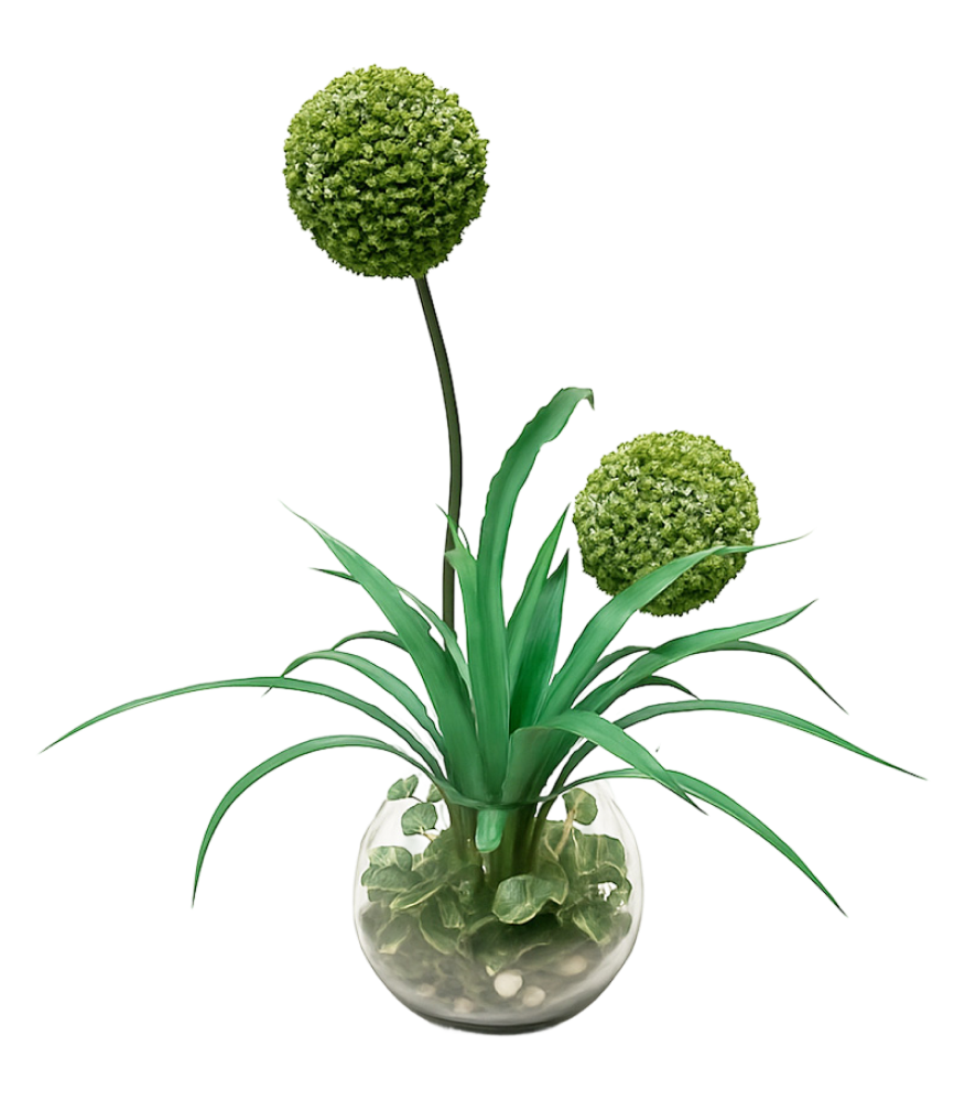 Faux topiary arrangement with two green spheres and leafy stems in a round glass pot.