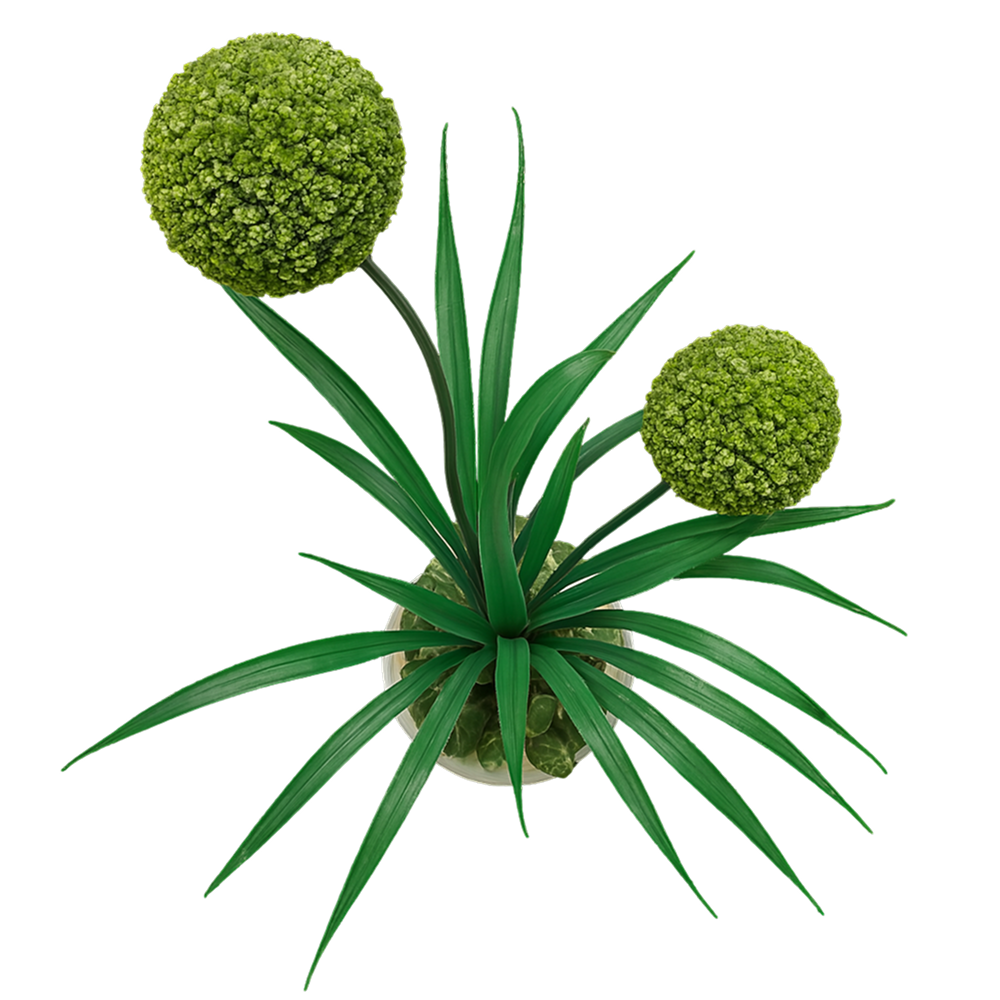 Faux topiary arrangement with two green moss balls and long leaves in a white pot, viewed from above.