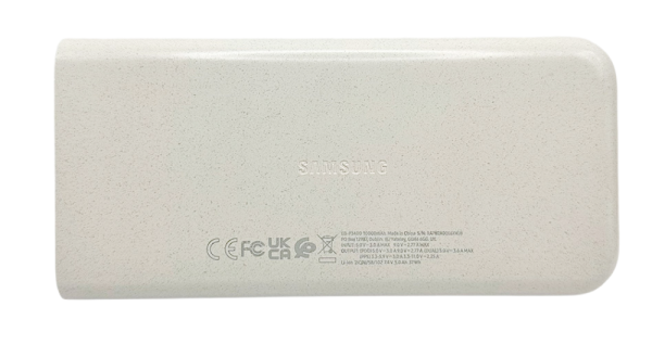 Back view of a Samsung Battery Pack showing product branding and certification markings.
