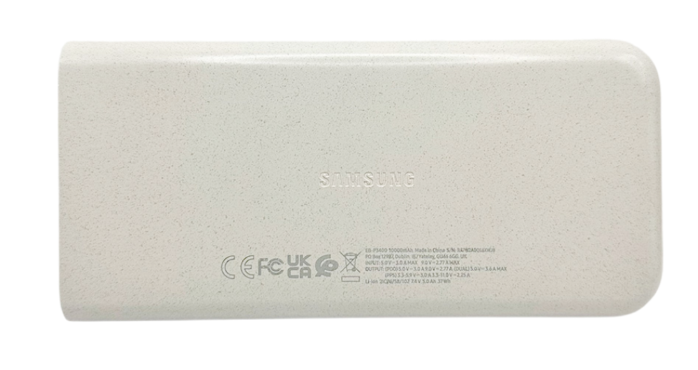 Back view of a Samsung Battery Pack showing product branding and certification markings.