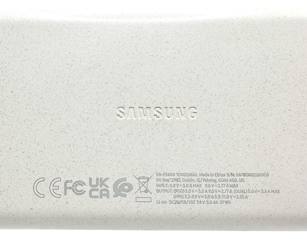 Close-up of the back of a Samsung Battery Pack showing logo and technical specifications.
