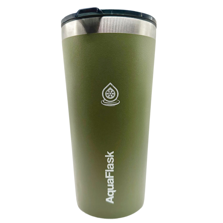 Aquaflask insulated travel mug in olive green, stainless steel rim and secure lid, ideal for drinks on the go.