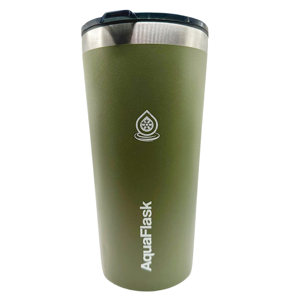 Aquaflask insulated travel mug in olive green, stainless steel rim and secure lid, ideal for drinks on the go.