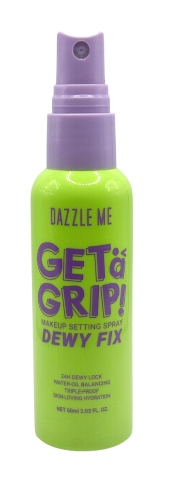 Green and purple bottle of Dazzle Me Get a Grip! Makeup Setting Spray Dewy Fix displayed on product page.