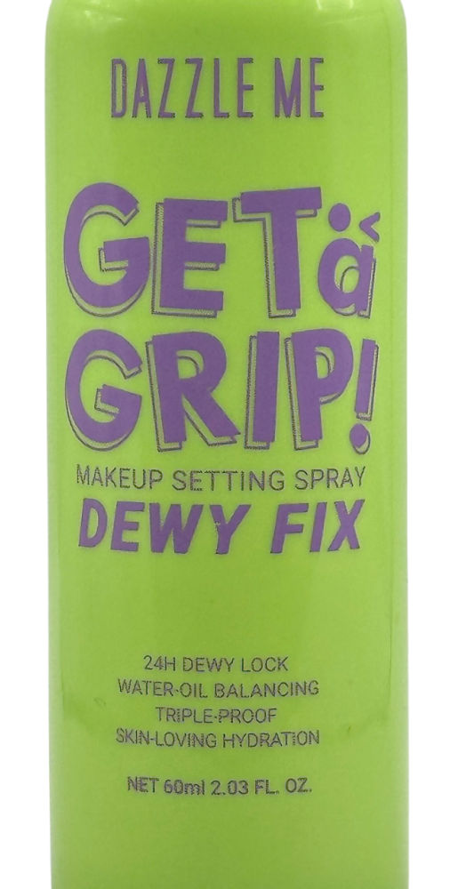 Green bottle of Dazzle Me Get a Grip! Makeup Setting Spray Dewy Fix, 60ml, for hydration and long-lasting hold.