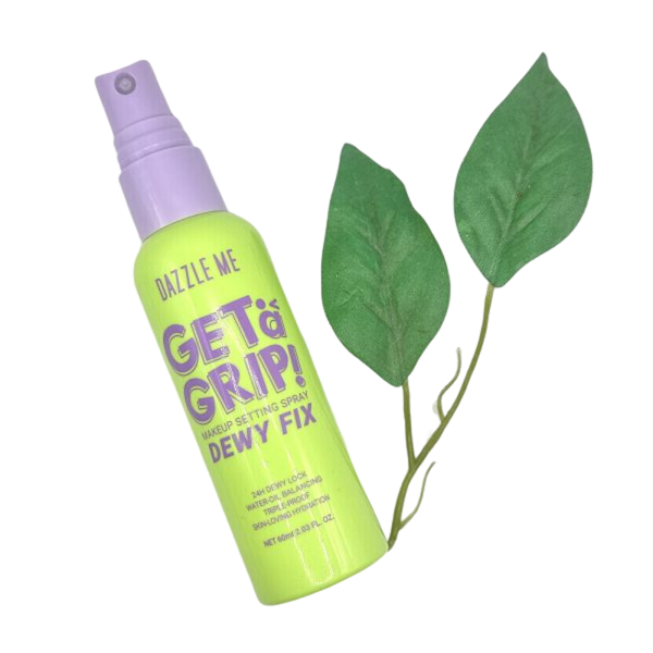 Dazzle Me Get a Grip! Makeup Setting Spray bottle with two green leaves on a white background.