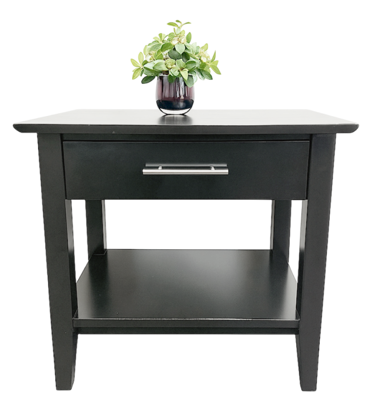 Sutton Black End Table with drawer and shelf, topped with a small potted plant.