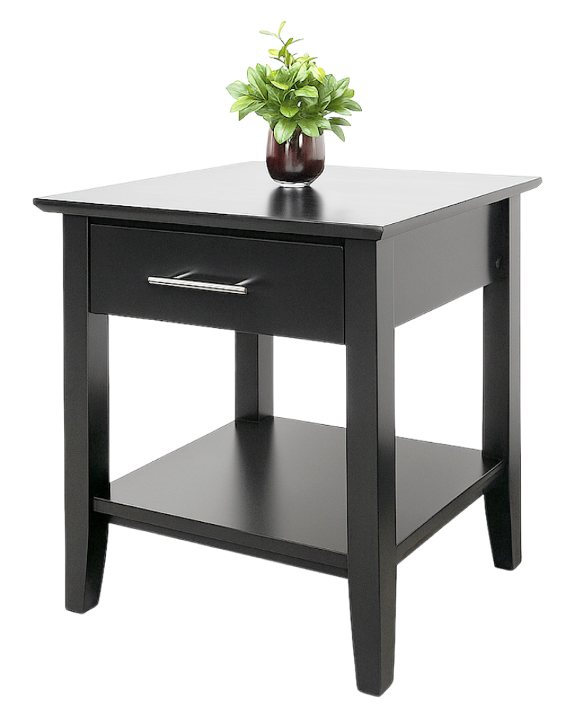 Sutton Black End Table with drawer, lower shelf, and a small potted plant on top.