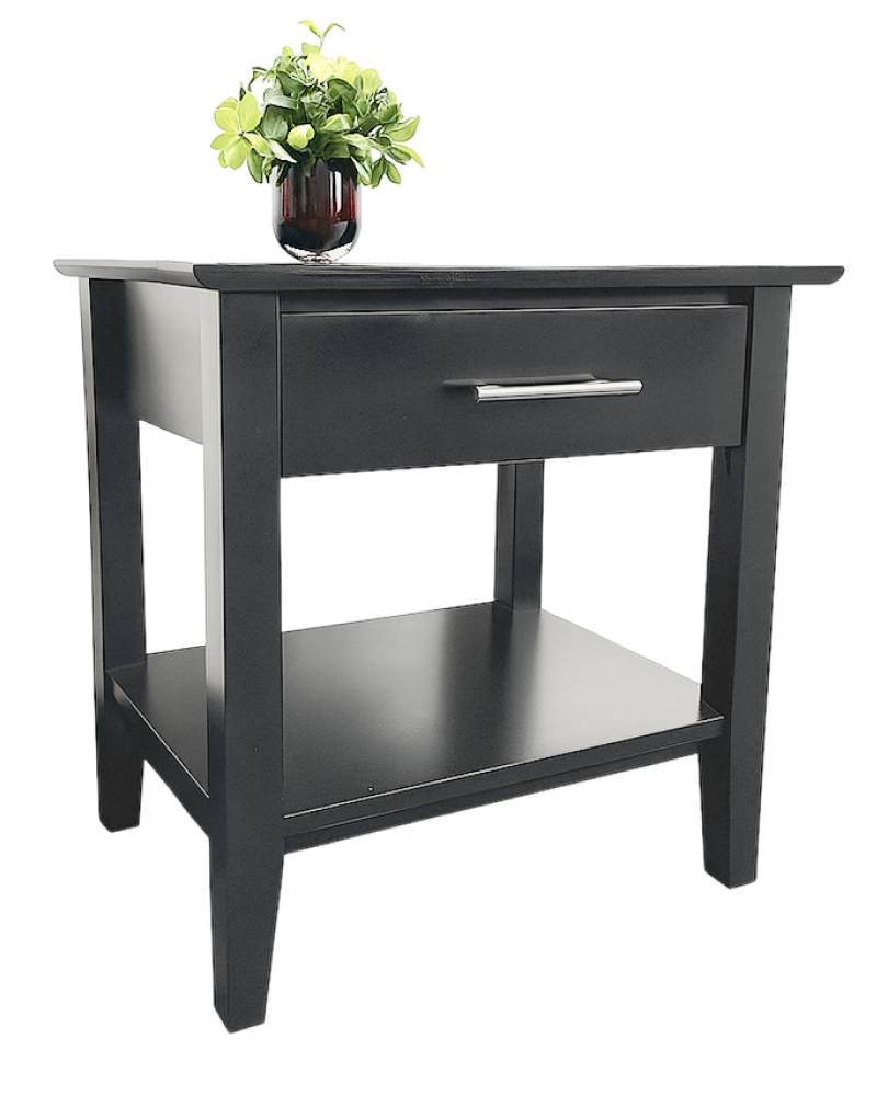 Sutton Black End Table with drawer, lower shelf, and a small potted plant on top.