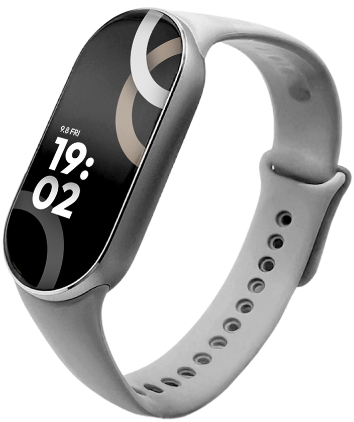Xiaomi Smart Band 9 with a sleek gray strap and curved display showing the time and date.