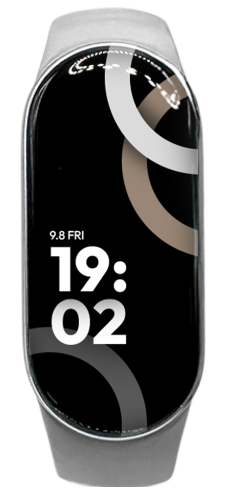 Xiaomi Smart Band 9 with a black display showing the time 19:02 and modern graphic design on the screen.