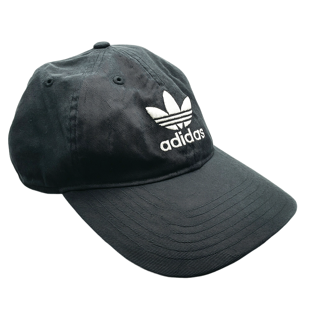 Black Adidas Originals cap with white trefoil logo and "adidas" text on the front.