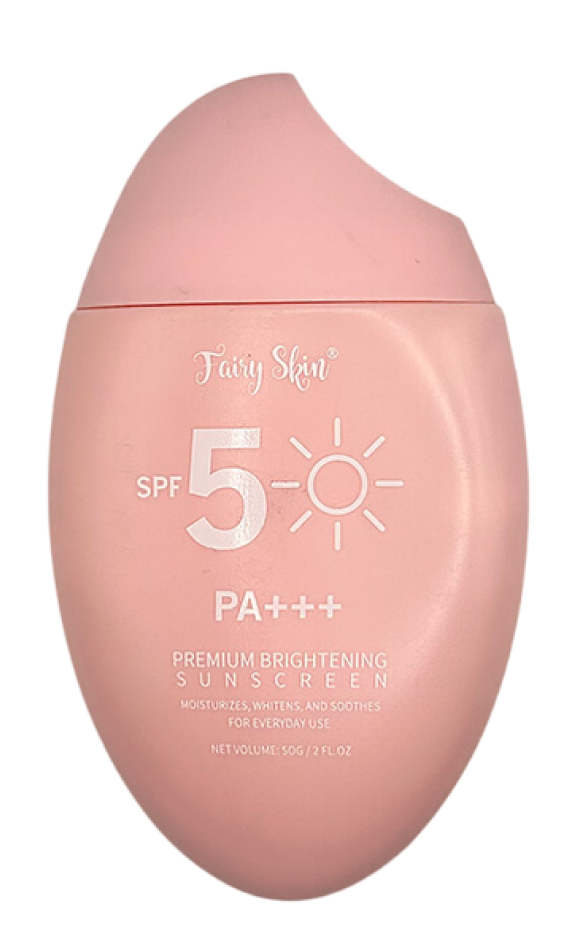 Pink bottle of Fairy Skin Brightening Sunscreen SPF 50 PA+++ with sun icon on the front.
