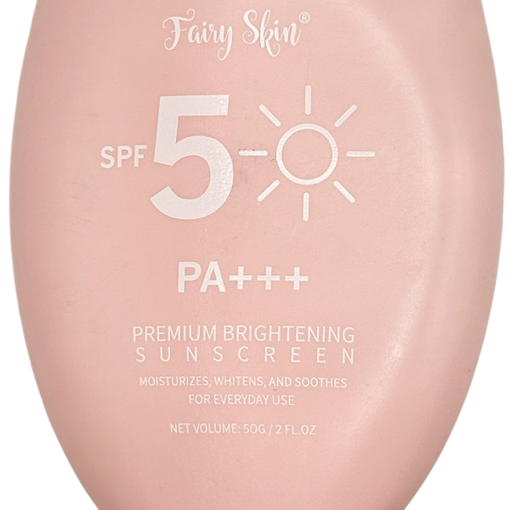 Fairy Skin Brightening Sunscreen bottle showing SPF 50 PA+++ and product details on a light pink background.