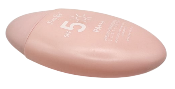 Fairy Skin Brightening Sunscreen SPF 50 PA+++ in a sleek, pink, oval bottle on white background.