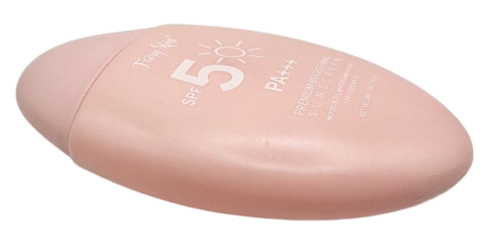 Fairy Skin Brightening Sunscreen SPF 50 PA+++ in a sleek, pink, oval bottle on white background.