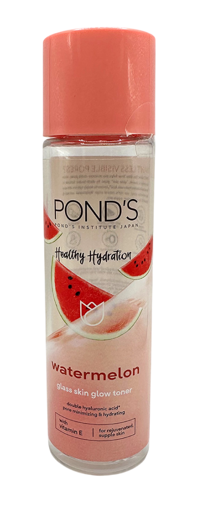 Pond's Watermelon Hydrating Toner bottle with pink cap and watermelon-themed label on a white background.