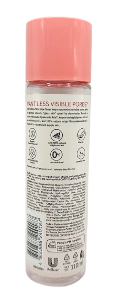 Back of Pond’s Watermelon Hydrating Toner bottle showing product details and ingredient information.