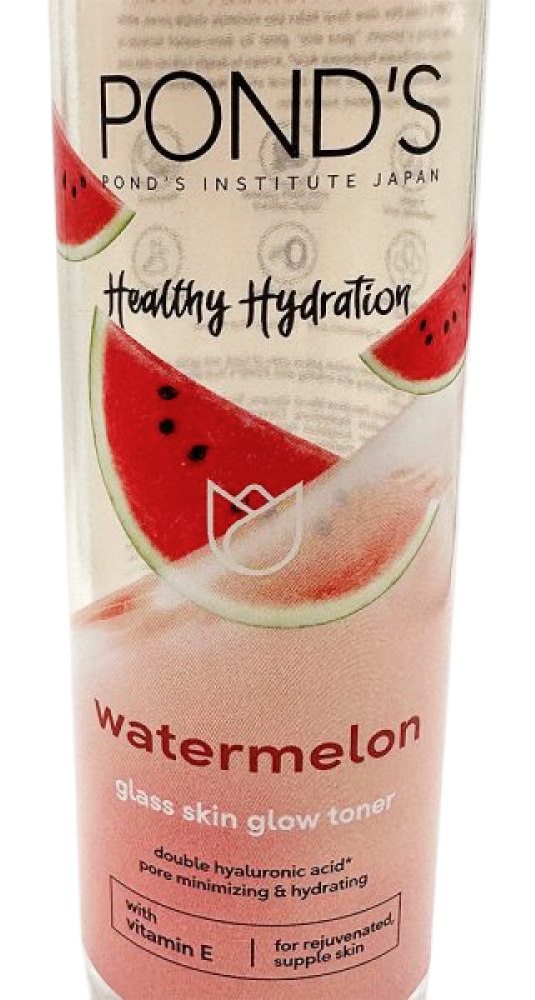 Bottle of Pond's Watermelon Hydrating Toner featuring watermelon slices and product benefits on the label.