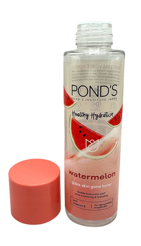 Pond's Watermelon Hydrating Toner bottle with pink cap removed, showing watermelon-themed label.