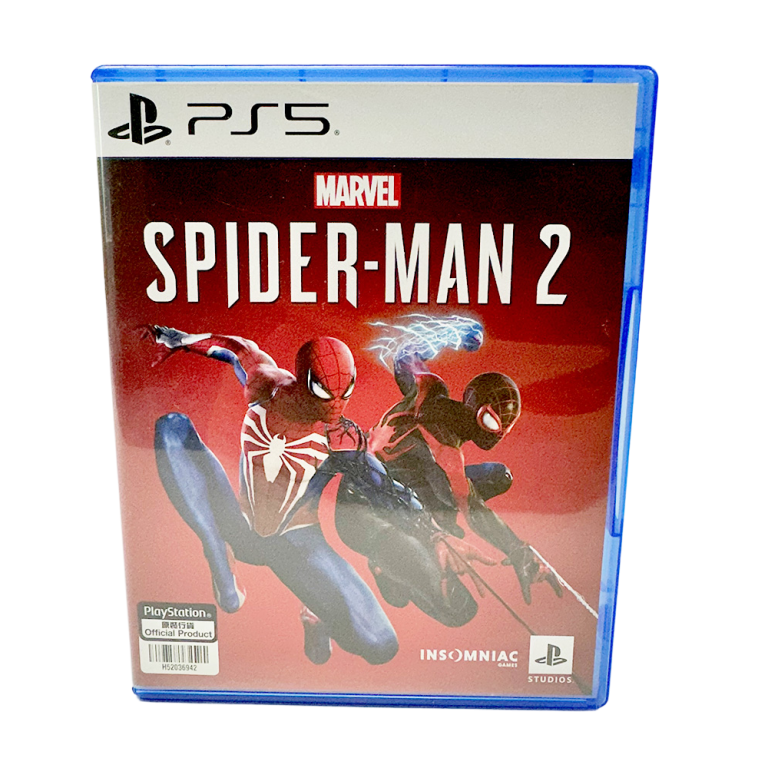 PS5 Marvel’s Spider-Man 2 game case featuring Spider-Man and Miles Morales in action poses.