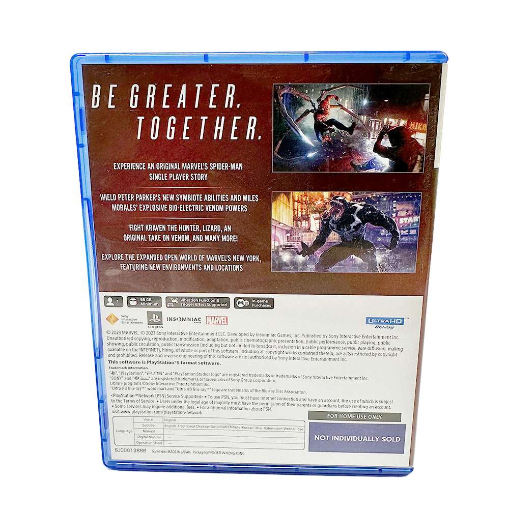 Back cover of PS5 Marvel Spider-Man 2 game case featuring screenshots and gameplay details.