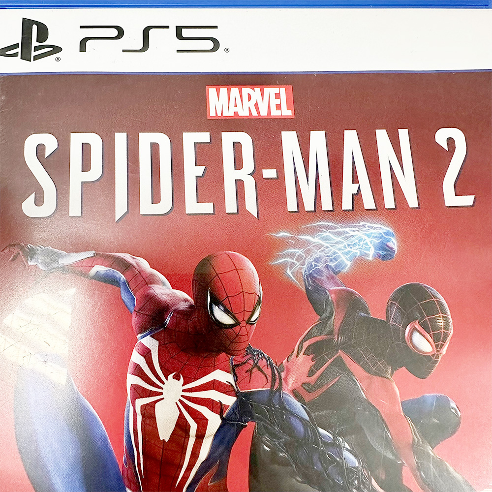 PS5 Marvel Spider-Man 2 game cover featuring two Spider-Men in action poses with powers displayed.