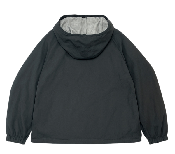 Back view of the Uniqlo Reversible Parka in black with a light gray inner lining and hood.