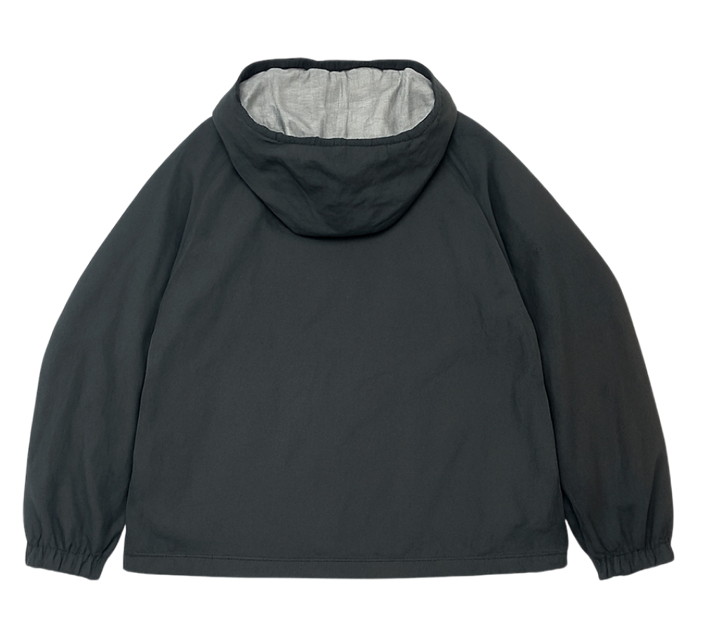 Back view of the Uniqlo Reversible Parka in black with a light gray inner lining and hood.