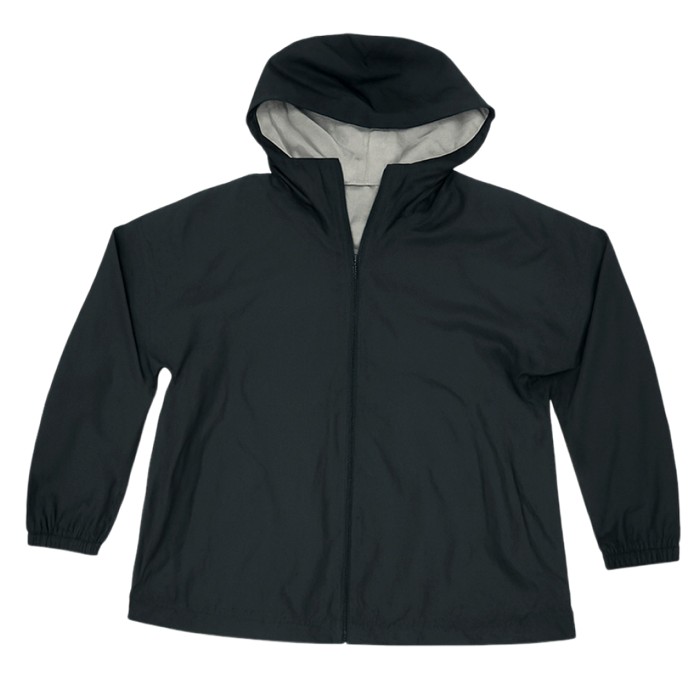 Black Uniqlo Reversible Parka with hood, front zipper, and light inner lining displayed on a white background.