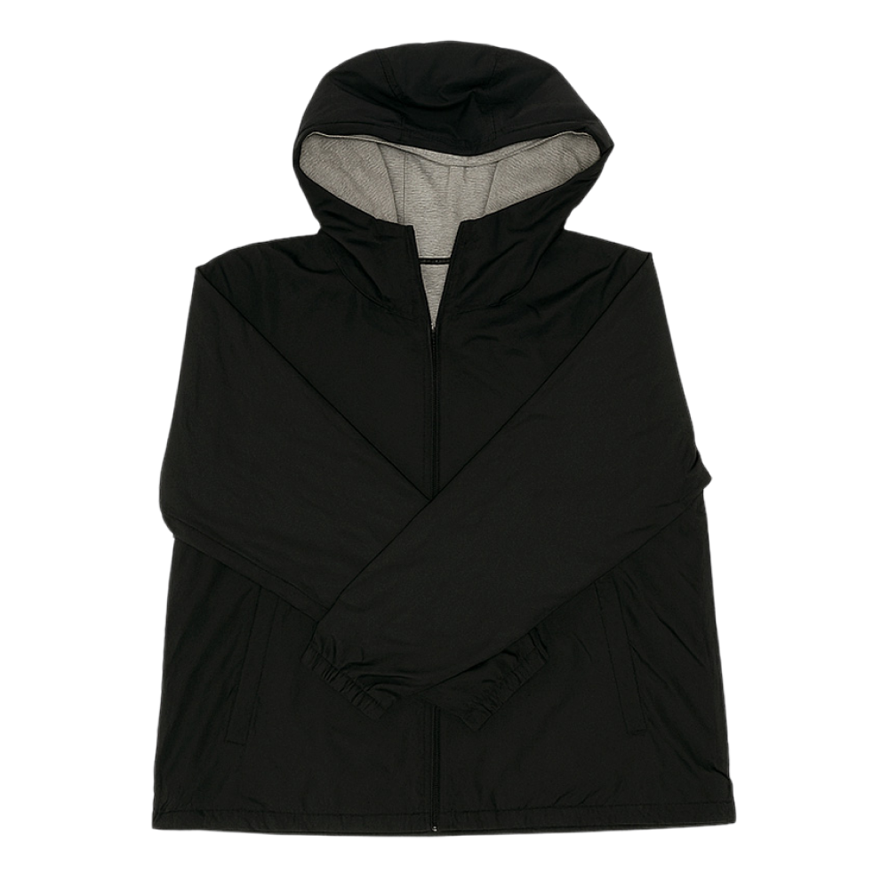 Black Uniqlo Reversible Parka with hood, front zipper, and light gray inner lining, displayed flat.
